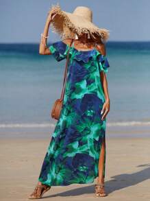 Breezaya Women Beach Allover Print High Slit Ruffle Trim Split Side Dress - Multicolor - View 5