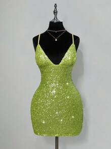 SHEIN ICON 女士绿色音乐会闪光派对性感夏季派对亮片露背迷你连衣裙 - 綠色 - 查看 1