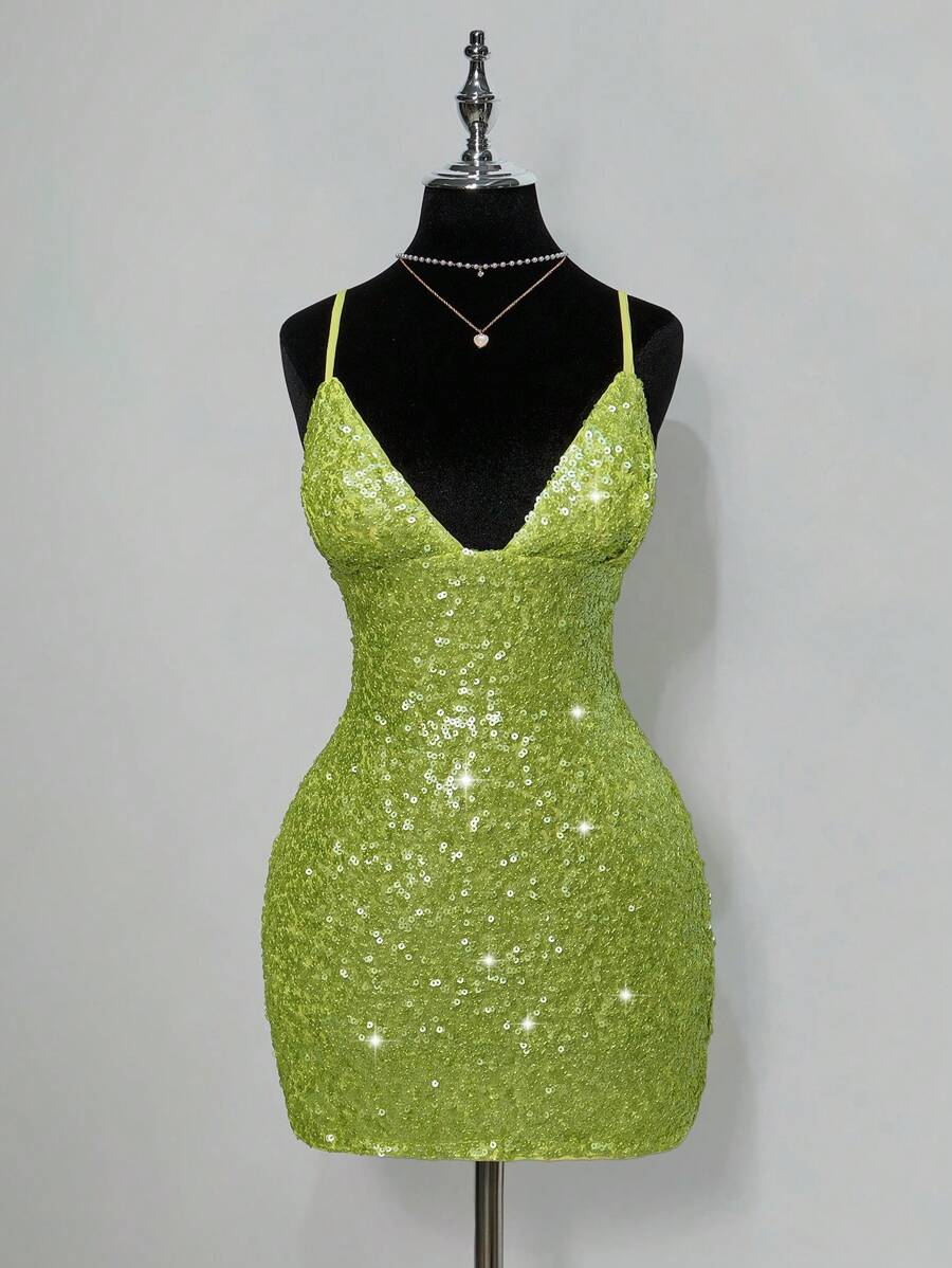 SHEIN ICON 女士绿色音乐会闪光派对性感夏季派对亮片露背迷你连衣裙 - 綠色 - 查看 1