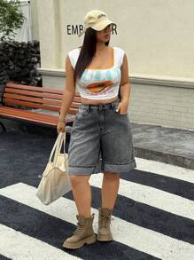 SHEIN ICON Shorts casuales versátiles con puños para mujer de talla grande