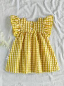 SHEIN Vintaside Kids Baby Girls' Summer Green Plaid Cap Sleeve Casual Dress, Countryside Style, Floral Print, Lightweight, Suitable For Outdoor, Homewear, Casual Parties