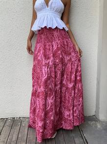 Sunnyshic 女式春夏波西米亚风印花松紧腰长裙，休闲日常穿着 - 中紫紅色 - 查看 3