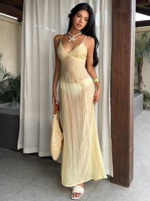 SHEIN Unity Women's Open Back Tie-Up Button Design Cami Maxi Dress - Butter Yellow - View 3