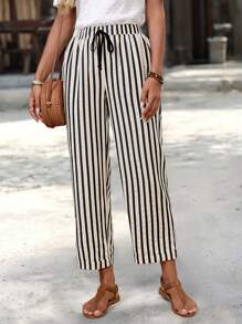 EMERY ROSE Women's Contrast Striped Drawstring Waist Loose Casual Pants Summer Pants For Women,Fall Women Clothes - Black and White - View 7