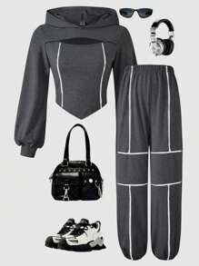 SHEIN Explorewe Teen Girls' Black Reflective Stripe Hoodie Top & Sweatpants 2pcs Suit, Fitted For Spring/Autumn - Grey - View 9