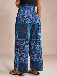 SHEIN VCAY Pantaloni a gamba larga con vita elastica e stampa a motivo di anacardi, adatti per vacanze, taglie forti per donne