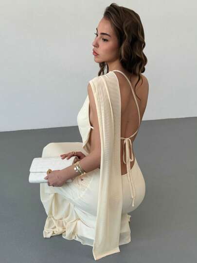 Aloruh 优雅长款露背网眼杏色单肩连衣裙，适合度假、舞会、派对