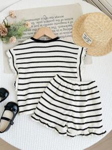 LMoss Kids 2pcs/Set Girls Striped Knit Crew Neck T-Shirt And Shorts Set