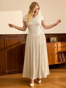 Vintamour Plus Size Women's Solid Color Draped Neck Ruffle Waist Midi Dress - Apricot - View 4