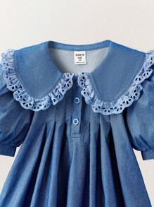 SHEIN Young Girls Embroidered Peter Pan Collar Shirt And Ruffled Shorts Sets