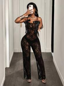 BamGleam Macacão feminino transparente de renda, roupa de verão da moda - Preto - Ver 6