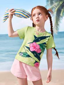 Shark Week X SHEIN Young Girl Shark And Letter Graphic Round Neck Short Sleeve T-Shirt - Green - View 1