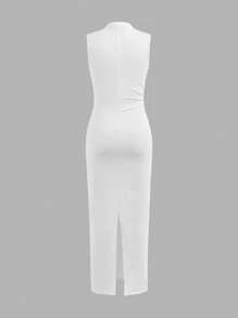 SHEIN Serisse Kids Váy xếp ly bên hông không tay cổ đứng màu trắng trơn đơn giản cho bé gái tuổi mới lớn - trắng - Xem 3