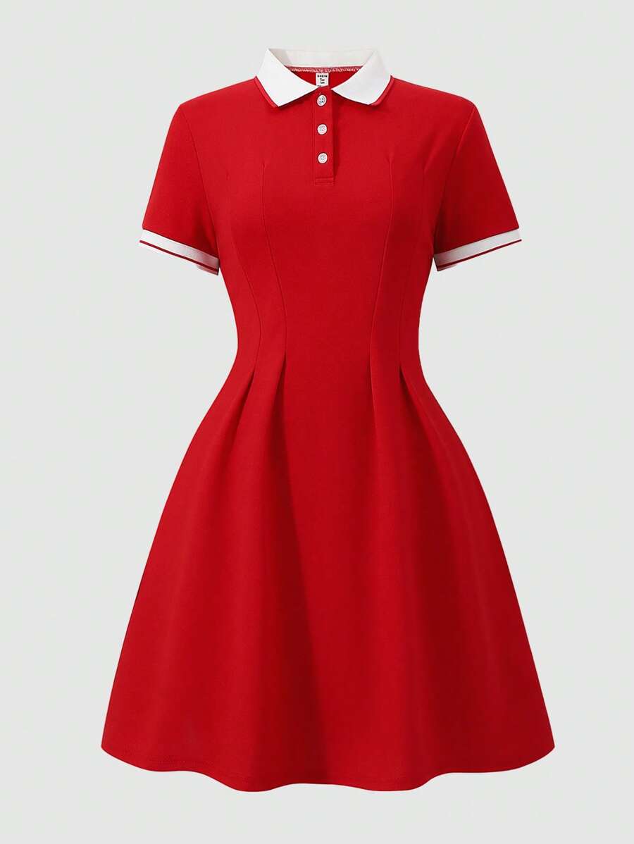 SHEIN Explorewe Vestido polo de verano, fluido y suave, de estilo informal y cómodo, adecuado para el uso diario, reuniones, bodas, invitados a bodas y ocasiones elegantes, para adolescentes - Rojo - Ver 1