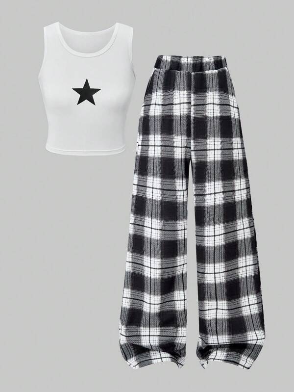 SHEIN Tween Girls Casual Sweet Cute Camisole Top And Retro Plaid Wide Leg Pants 2 Pieces Set, Suitable For Daily, Holiday And Festival,Holiday,Summer,Travel Summer Holiday