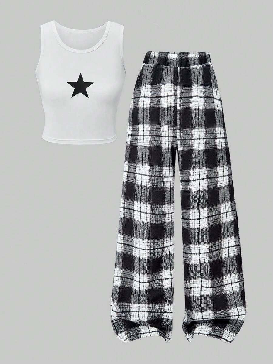 SHEIN ChillGRL 青少年女孩休闲甜美可爱吊带背心和复古格子阔腿裤两件套，适合日常、节日、假日、夏季、旅行 - 黑與白 - 查看 1