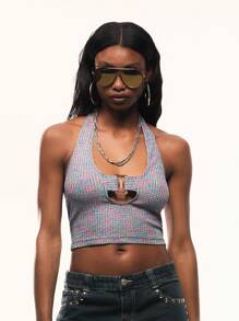 TypaGal Vacation Style Iridescent Ribbed Halter Neck Self Tie Design Tank Top - Multicolor - View 4