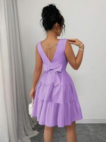 Elenzga Women's Solid Color Round Neck Sleeveless Backless Bowknot Elegant Dress - Purple - View 2