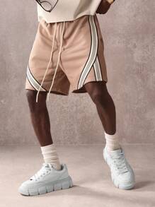 SUMWON Pantalones cortos con diseño de rayas diagonales, cintura elástica que absorbe la humedad, largo regular, cordón, uso deportivo - Caqui - Ver 1