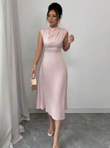 Elenzga Romantic Elegant Draped A-Line Midi Dress - Pink - View 6