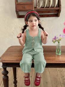 LMoss Kids 2pcs Baby Girl Set: Woven Solid Square Collar Top And Loose Casual Pants - Green - View 6