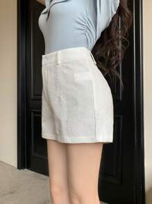 Modelyn Women's Summer Casual Solid Color Embroidered Jacquard Shorts - White - View 5