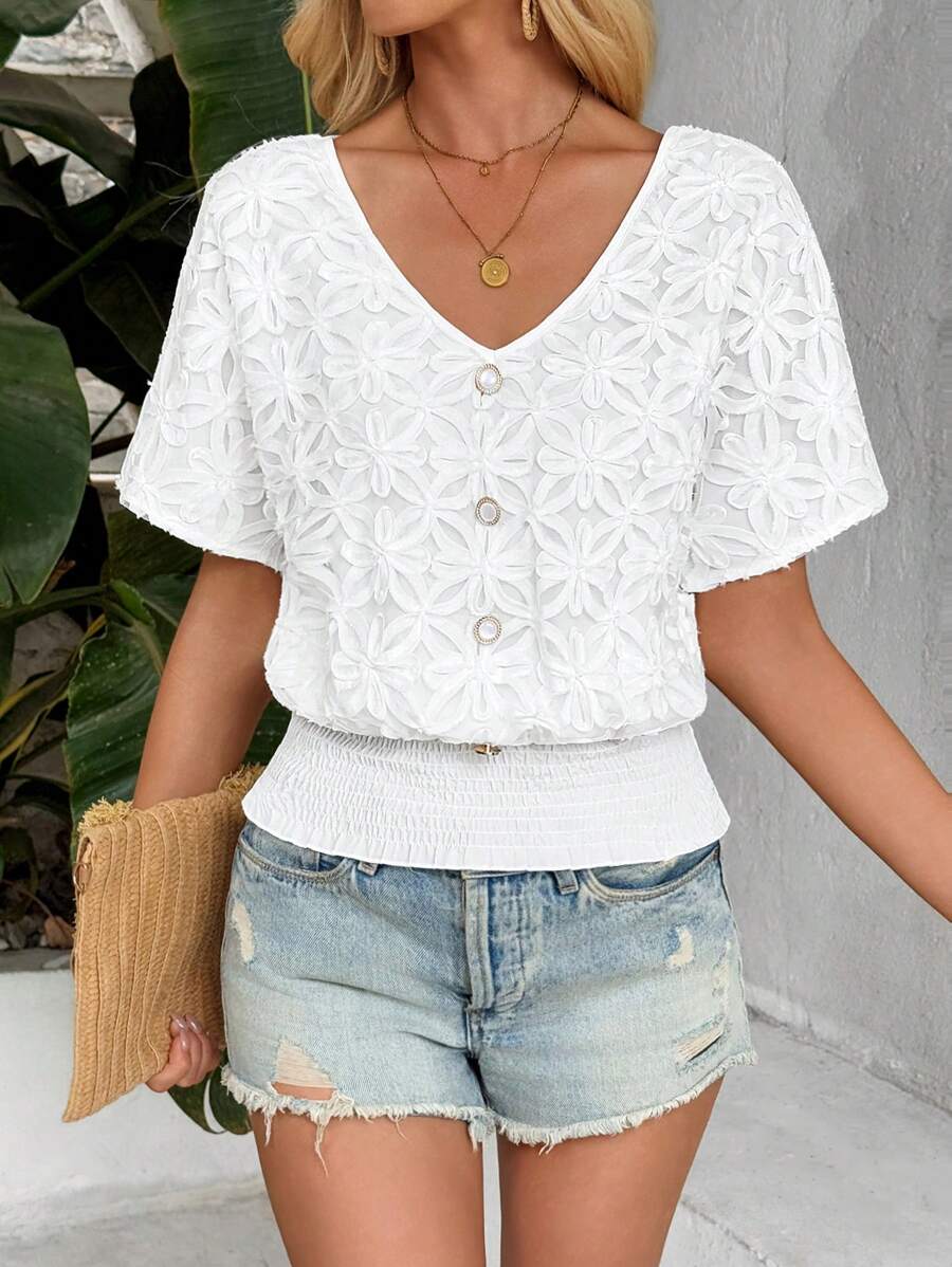 EMERY ROSE Áo sơ mi nữ cổ bẻ tay ngắn vai bồng thường ngày, vải lưới dệt, cạp chun, mùa hè - trắng - Xem 1