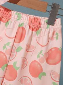 2pcs Girls Fruit Print Knit Collar Cardigan & Shorts Set, Comfortable Casual Summer Home Clothes,Girls Pajama Short Sets - Coral Orange - View 4