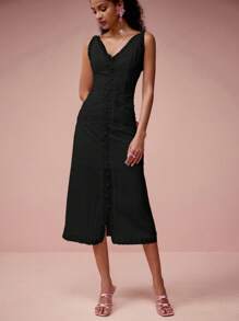 Enchnt Đầm bodycon dài vừa phải, không tay, phối ren đơn hàng khuy xẻ tà dành cho nữ - màu đen - Xem 3