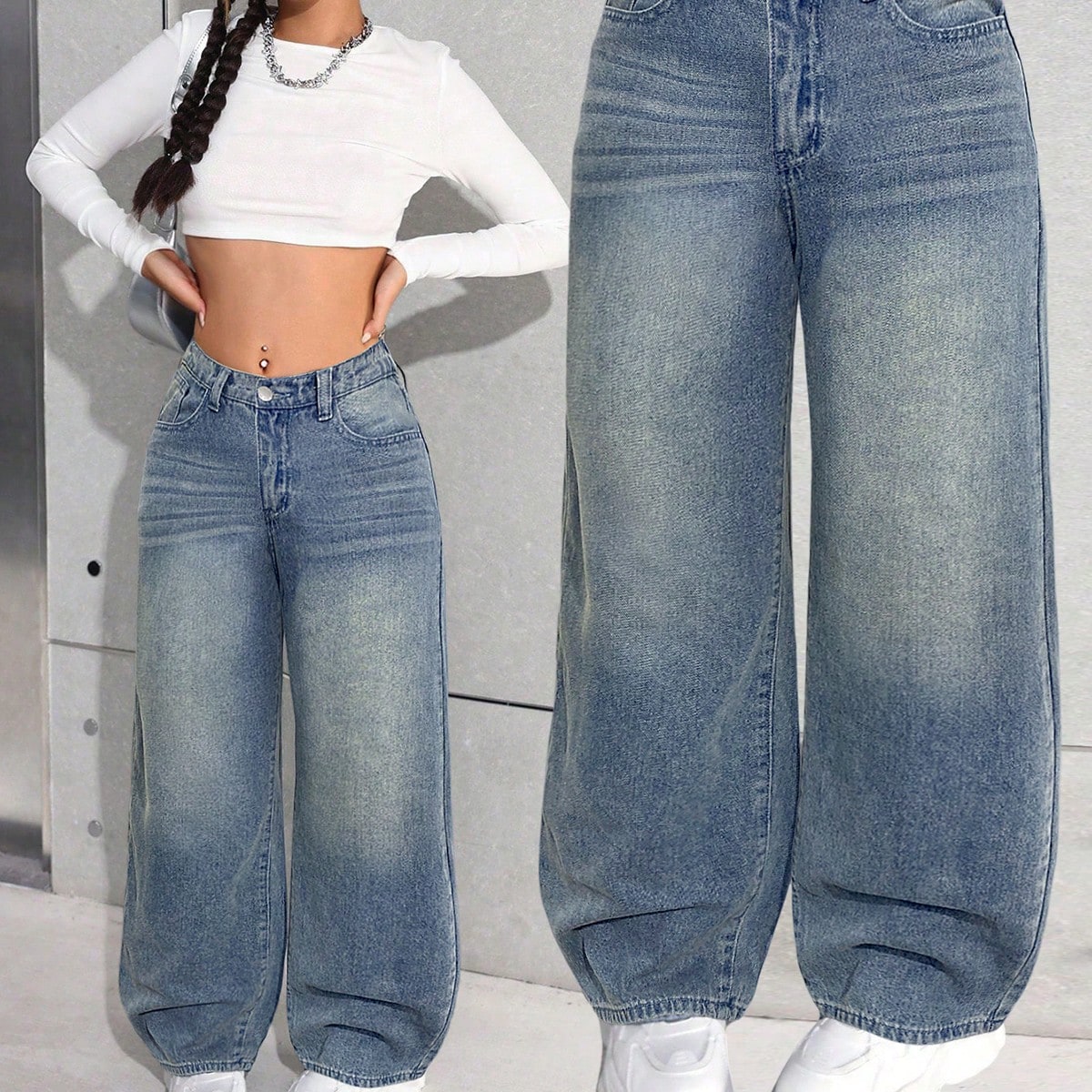 Jeans sueltos de mezclilla azul básicos y casuales para adolescentes, ropa genial de otoño e invierno para chicas en Acción de Gracias