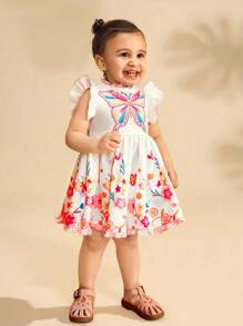 SHEIN Babygirl Summer Cute Butterfly & Floral Print Flutter Sleeves Dress - Purple - View 8