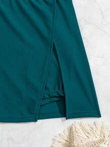 Swim Lushoire Beach For Women, Solid Color Beach Side Slit Elegant Culottes, Stylish Swimwear & Swim Shorts For Summer Beach Vacation - Teal Blue - View 8