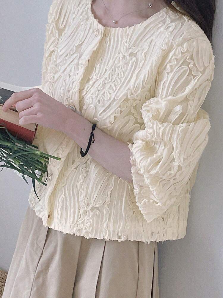 Women's Solid Color Textured Loose 3/4 Sleeve Elegant Holiday Blouse Shirt, Summer