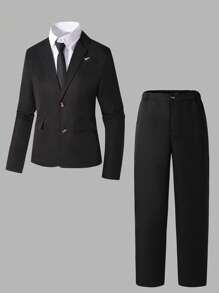 SHEIN 2pcs/Set Teen Boy Gentleman Set - Embroidered Fitted Suit Jacket + Stylish Long Pants, Elegant, , Luxurious Formal Outfit Suitable For Birthday Party, Evening Event, Performance, Hosting, Wedding Season - Birthday, Wedding, Graduation, Wedding, Wedding Guest, Pageboy, Ring Boy