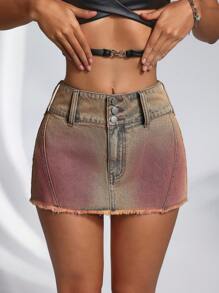 SHEIN ICON 女士磨边 A 字短款休闲牛仔裙 - 藍色 - 查看 4