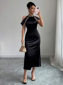 Chiquease Váy không tay viền ren vàng tua rua lãng mạn thanh lịch dành cho nữ - màu đen - Xem 3