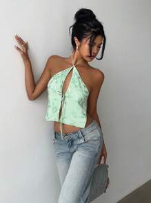 Aloruh Women's YTK Sexy Laced Up Halter Sequins Embroidered Crop Top ,Summer Tops, Crop Tops Women, Tank Top, Tops For Women - Green - View 6