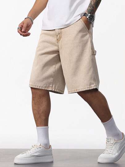 Manfinity Homme Pantaloni scurți din denim Bermuda, lejeri, casual, cu buzunare, pentru bărbați