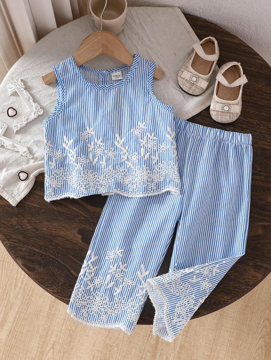 2pcs/Set Baby Girl 2025 Summer New Sleeveless Tank Top + Casual Long Pants Suit - Blue - View 1
