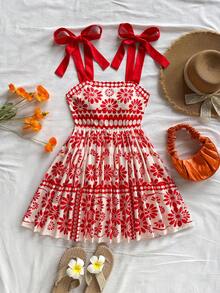 Soleia 假日女士绿色几何印花细肩带蝴蝶结腰部 A 字迷你连衣裙 - 彩色 - 查看 4