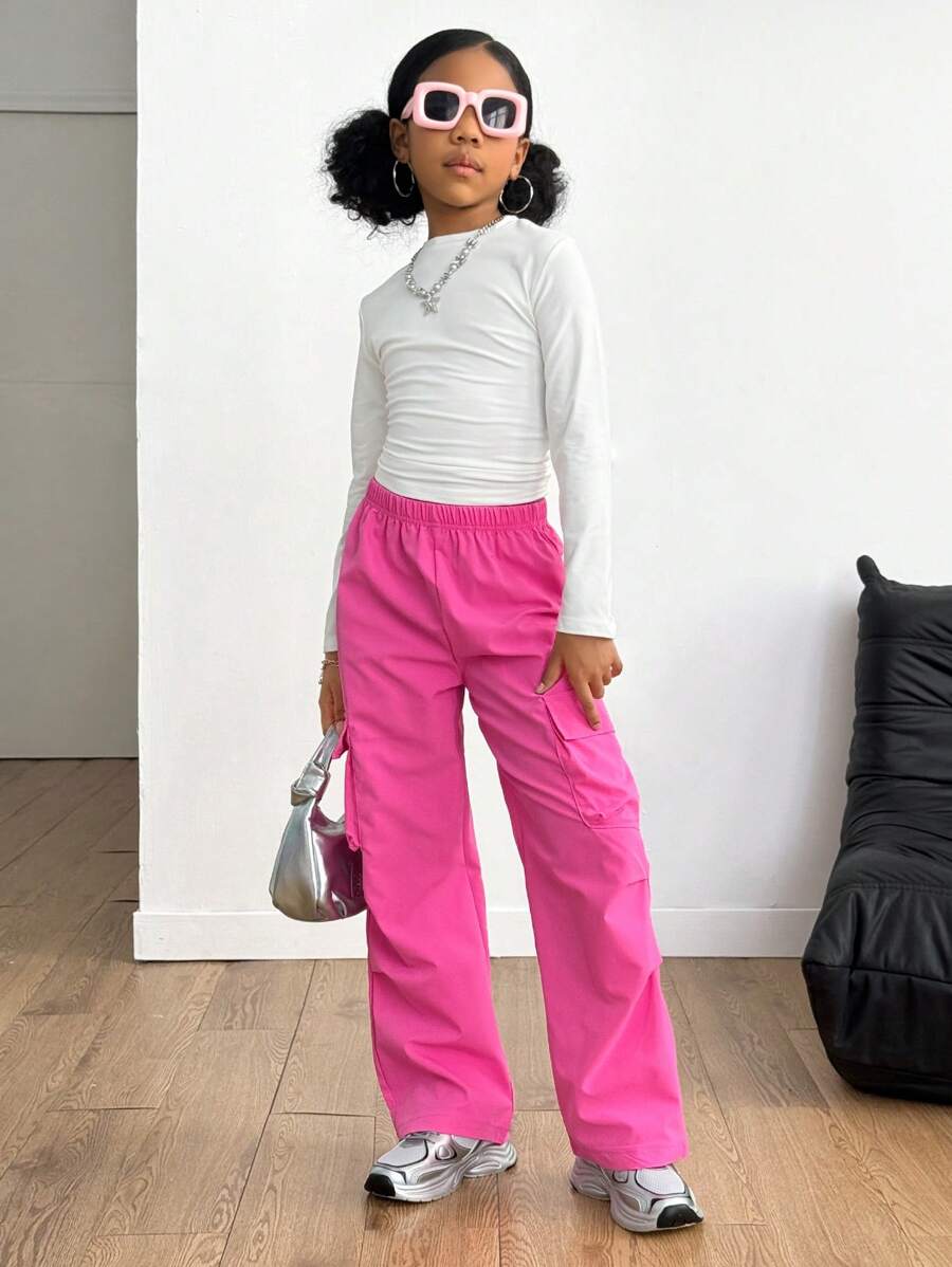 SHEIN 2pcs Tween Girls Cargo Pants With Pockets & Long Sleeve Top All-Match Street Casual Outfit Set - Multicolor - View 1