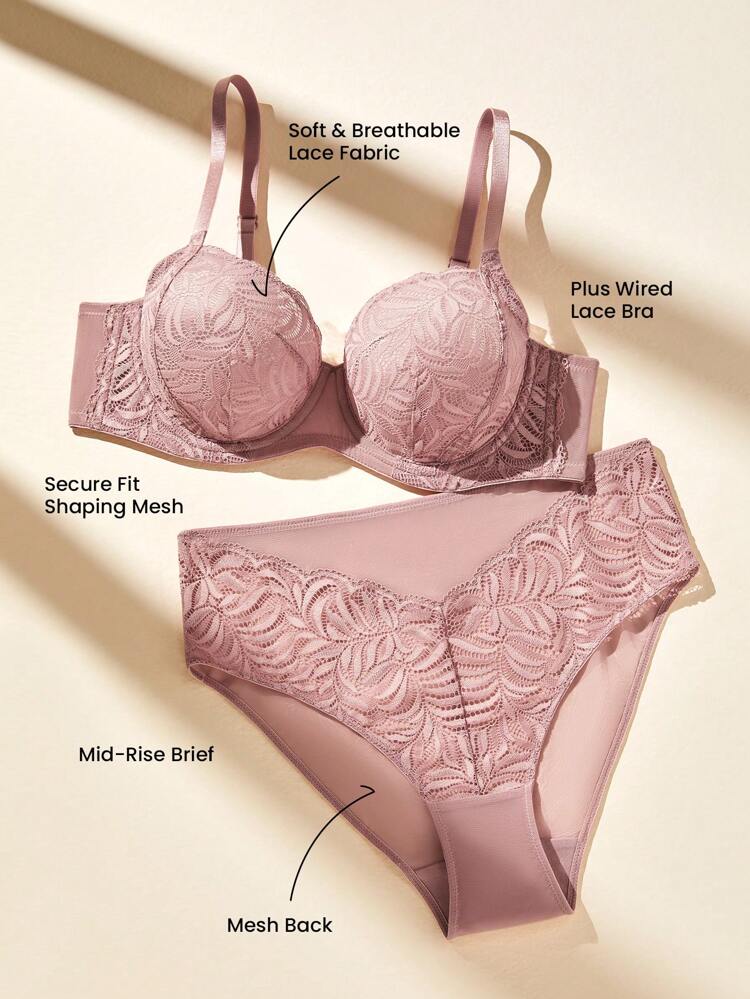 Plus Women 2-częściowy seksowny komplet bielizny, pełne pokrycie, bez podszewki, brązowy, koronkowy, elegancki i siateczkowy biustonosz mini, koronkowy biustonosz i majtki, pasujące zestawy