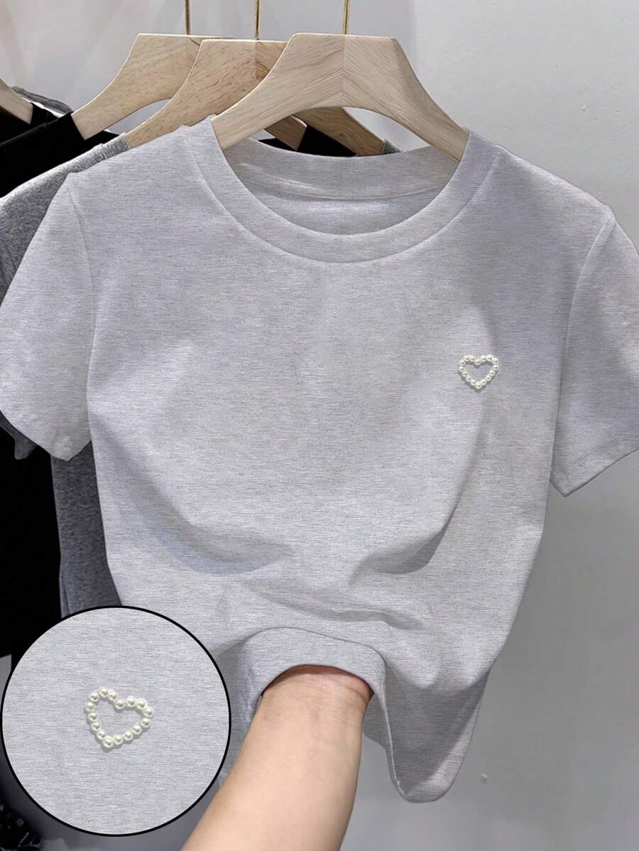 INAWLY Kaos Kasual Lengan Pendek Leher Bulat dengan Hiasan Mutiara dan Desain Hati, Musim Panas - Grey - View 1