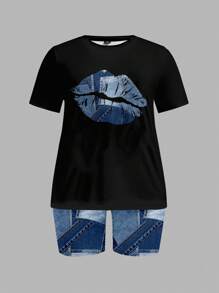 Slaydiva 2pcs Plus Size Casual Minimal Lip Print Set, Suitable For Summer,2 Piece Summer Outfit