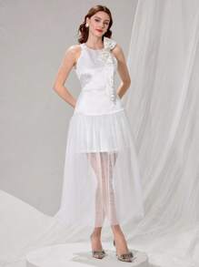 Poshira Vestido de noche de alta gama con decoración de lazo, diseño de vestido de fiesta con patchwork, vestido elegante y lujoso para dama aristocrática, vestidos de noche lujosos para mujer, vestido suave blanco de graduación