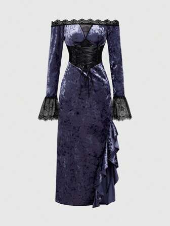 Grunge Punk Damen Vintage Gothic Sexy Samt Off-Shoulder Kleid mit Schleifenkrawatte, körperbetonter Fischschwanz-Rüschensaum