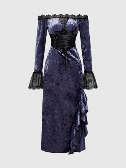 Grunge Punk Vestido ajustado de mujer vintage gótico sexy con hombros descubiertos, lazada de cinta, falda de volantes y cola de pez