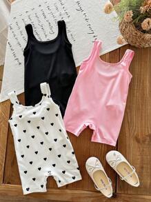 SHEIN Set de 3 piezas Pelele casual y lindo de punto a lunares y liso sin mangas para bebé niña - Multicolor - Ver 5