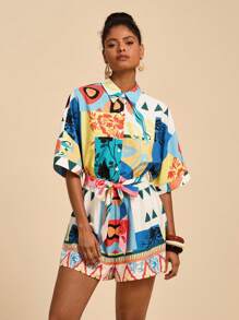 Travachic 女士几何印花短袖连体裤 - 藍色 - 查看 4