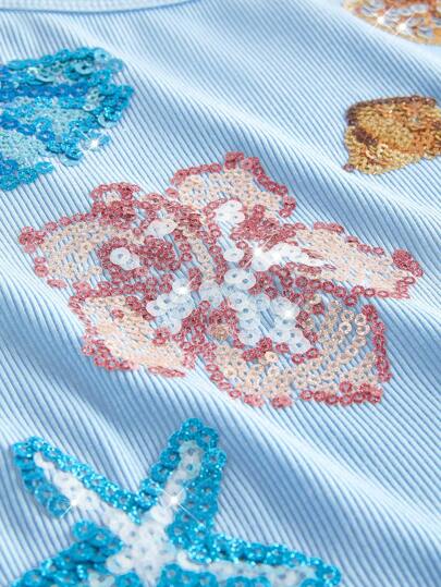 ROMWE Avant Blusa sin mangas hecha a mano con flores de hibisco y criaturas marinas, estilo vacacional